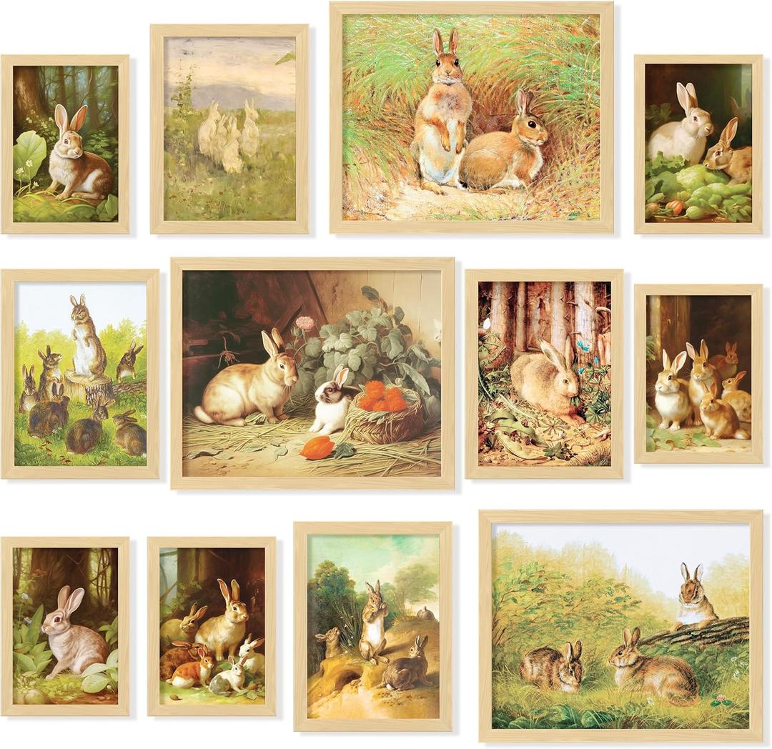97 Decor Bunny Easter Wall Art - Nursery Bunny Pictures Wall Decor, Vintage Rabbit Art Print, Rustic Bunny Rabbit Poster, Farmhouse Spring Gallery Painting Artwork for Easter Decorations (Unframed)