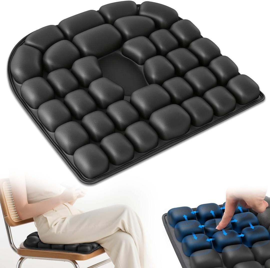 Inflatable Seat Cushion, Airplane Seat cushion for Long flights Without Air Pump, Pressure Relief Seat Cushion, Wheelchair cushions Applicable to Various Scenarios, Relief Discomfort in Coccyx&Buttock (round, Black)
