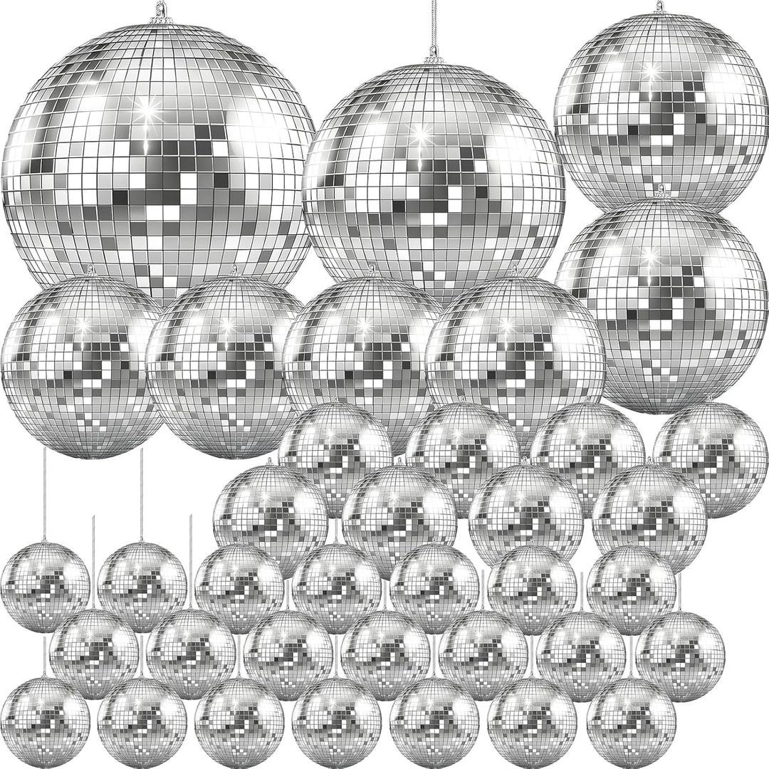 The Dreidel Company Mirror Disco Ball 36-Pack Variety of Sizes, Silver Hanging Ball with Attached String for Ring, Reflects Light, Fun Party Home Bands Decorations