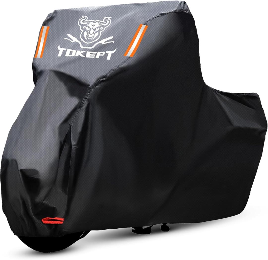 Motorcycle Cover, All Season Waterproof Outdoor Protection with Lock-Holes, Night Reflective & Storage Bag, Fits up to 104" Cruisers, Touring, Dirt Bikes (Black)