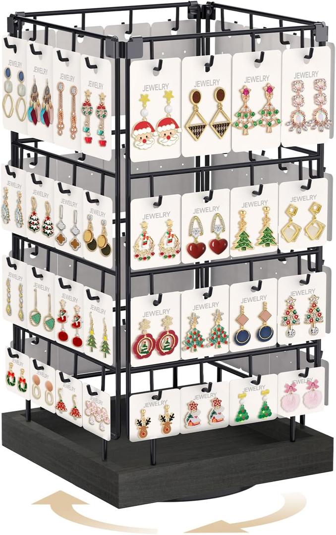 MODOWEY 360 Rotating Earring Cards Organizer Holder Stands for Selling Vendors, 64 Hooks Jewelry Display Tree, Large Capacity Storage Wood Rack Tower Women Dresser Stud Pierced, Black