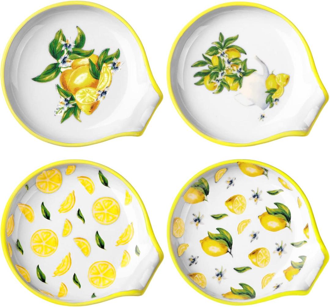 WILLBOND 4 Pcs Ceramic Spoon Rest for Stove Top Cute Lemon Tea Spoon Rest Kitchen Decor Farmhouse Housewarming Gifts Cooking Utensil Holder for Kitchen Counter Decoration