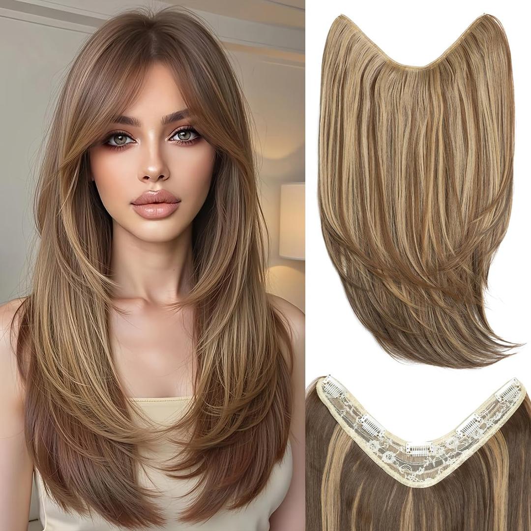 Clip in V-Shape Hair Extensions for Women 18 Inch One Piece Synthetic Straight Hair Extension Full Head Hairpiece with 5 Clips Bernstein Muti