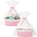 2 Pack Small Woven Basket with Gift Bags and Ribbons, Empty Decorative Gift Chest Box, Cute Baby Gift Basket for Nursery, Cotton Rope Room Shelf Storage Basket with Handles, All 12"x 8"x 5", Pink