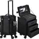 Stagiant Rolling Makeup Case 4 in 1 Soft Sided Professional Cosmetology Case on Wheels Freelance Makeup Artist Nylon Cosmetic Organize Storage Nail Technician Hair Stylist 3 Drawers Black