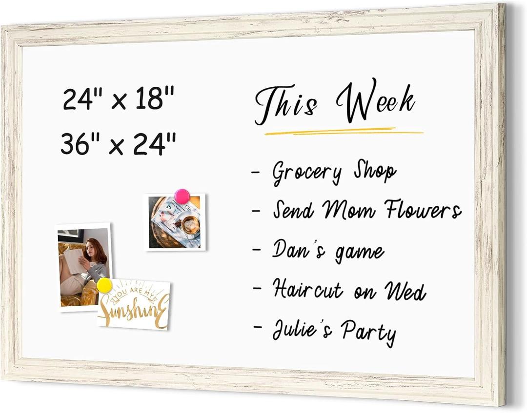 4 THOUGHT Dry Erase Board, 36 x 24 in Magnetic Whiteboard White Vintage Wood Frame Wall-Mounted White Board Decorative Notice Board for School, Office, Home, 8 Magnets 4 Markers 1 Eraser