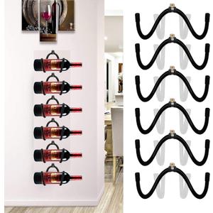 Pmsanzay Wine Wall Holder, 6 Pack Wall Mounted Wine Rack, Wine Bottle Display Holder Organizer for Wine Storage Wall Wine Theme Decor, Black (Horizontal Style)