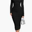 BEAGIMEG Women's Sexy Bodycon Long Sleeves Ruched Square Neck Party Club Midi Dress, Medium