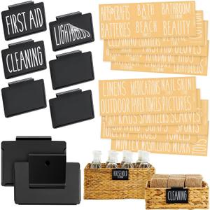 Talented Kitchen 8 Pack Metal Basket Labels Clip On Holders with 70 Household Labels for Storage Bins, Bin Clips Label Tags for Organizing Home, Bathroom, Linen Closet (Black)
