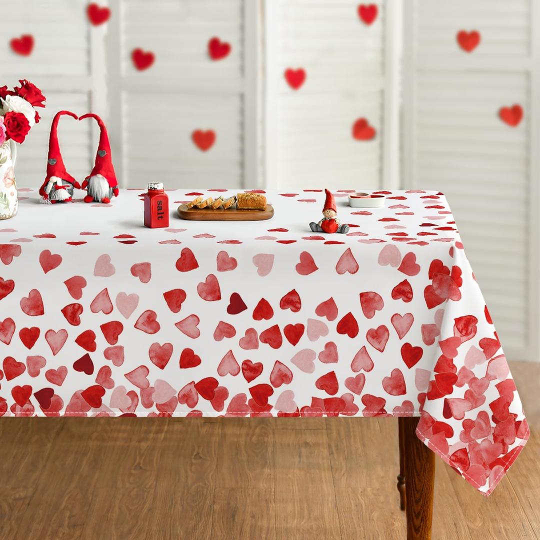 Horaldaily Valentine Tablecloth 60x84 Inch Rectangle, Red Love Hearts Washable Table Cover for Party Picnic Dinner Decor