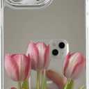Fashion Tulip Flowers Plating Mirror Phone Case Compatible with iPhone Case (Red, for iPhone 16 Pro Max)