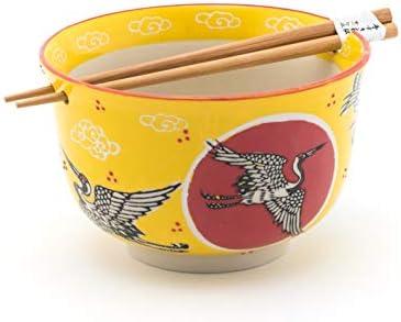 Fuji Merchandise Japanese Design Quality Ceramic Ramen Udong Noodle Bowl with Chopsticks Gift Set 6.25 Inch Diameter (Japanese Crane)