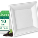 Qi Boo Square Paper Plates 10 Inch [50Pack] Compostable Eco Friendly Disposable Plates Heavy Duty, Biodegradable Recycled Bagasse Plates, Large Paper Dinner Plates, Sturdy White 10" Plate
