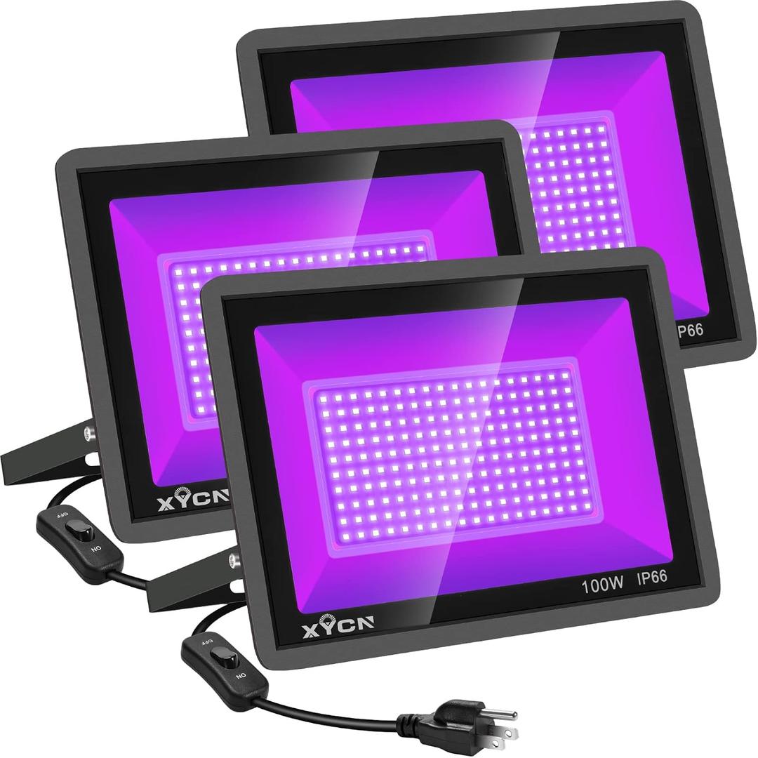 XYCN 3 Pack 100W LED Black Light, Blacklight Flood Light with Plug and Switch, IP66 Waterproof Neon Glow for Party, Halloween, Fluorescent Poster, Body Paint, Aquarium