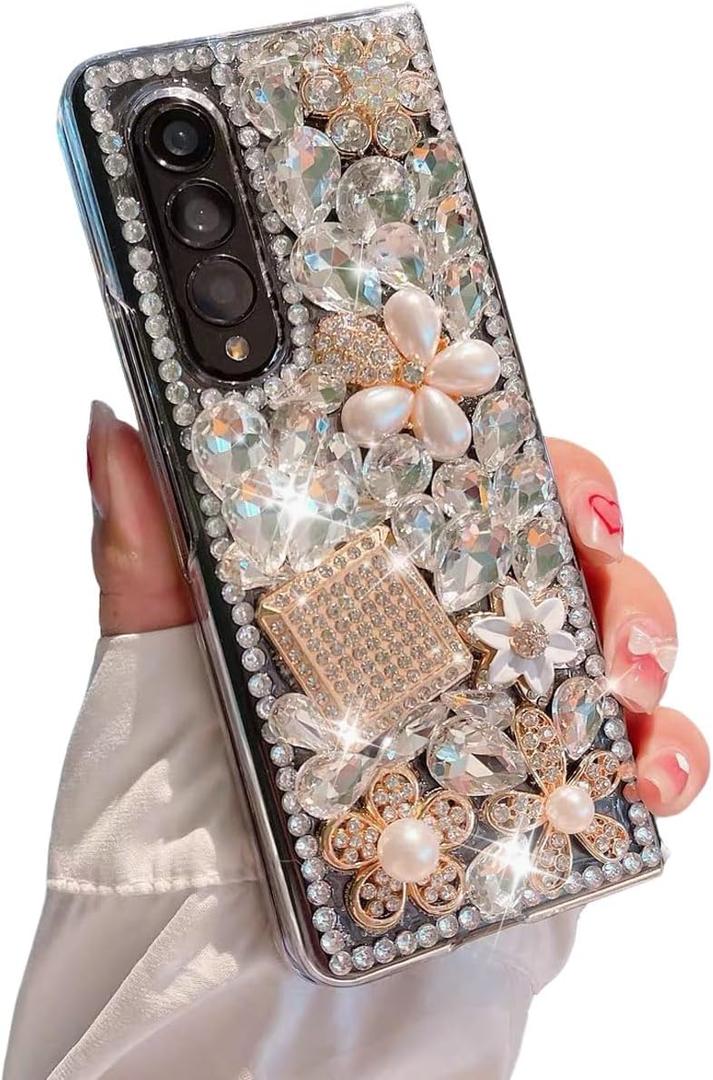 for Samsung Galaxy Z Fold 7 Case Bling Diamond Glitter Girly Design,Luxury 3D Handmade Sparkle Rhinestone Flowers Crystal Diamond Bling Glitter Hard PC Case for Galaxy Z Fold 7