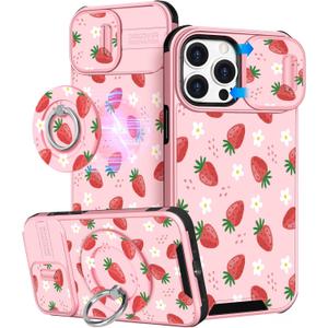 Buleens for iPhone 15 Pro Case 6.1 Inch - with Ring Stand & Camera Cover Aesthetic Cute Designed for Women Girls Girly Pretty Strawberry for Phone Case for iPhone 15 Pro Compatible with Magsafe (Cute Strawberry)