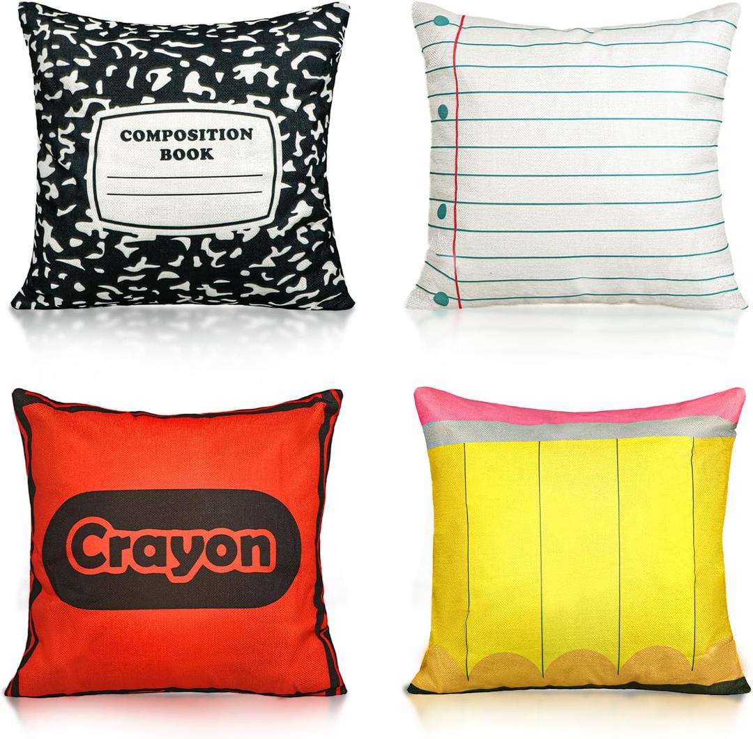 4 Pcs Back to School Throw Pillows 1515 Inch Composition Notebook Crayon Pencil Classroom Throw Pillow Back to School Party Decor for School Counselor Office Decor