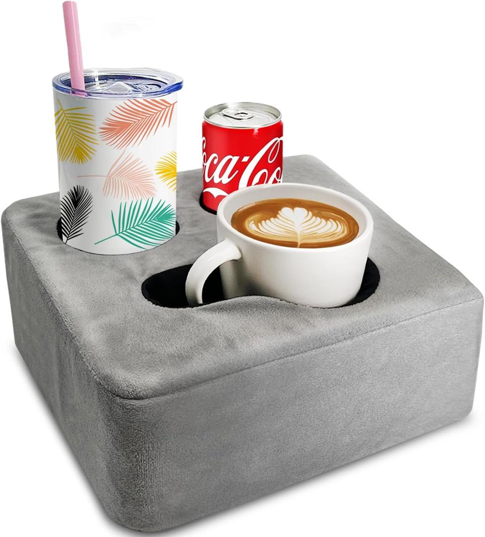 Couch Cup Holder Pillow Tray & Caddy - for Sofa, Bed, Car, Man Cave | Keep Drinks at Hand & Spill-Proof Accessories for New Parents, Camping, Park, Boat, Beach, Bathroom Cup Holder, Gray