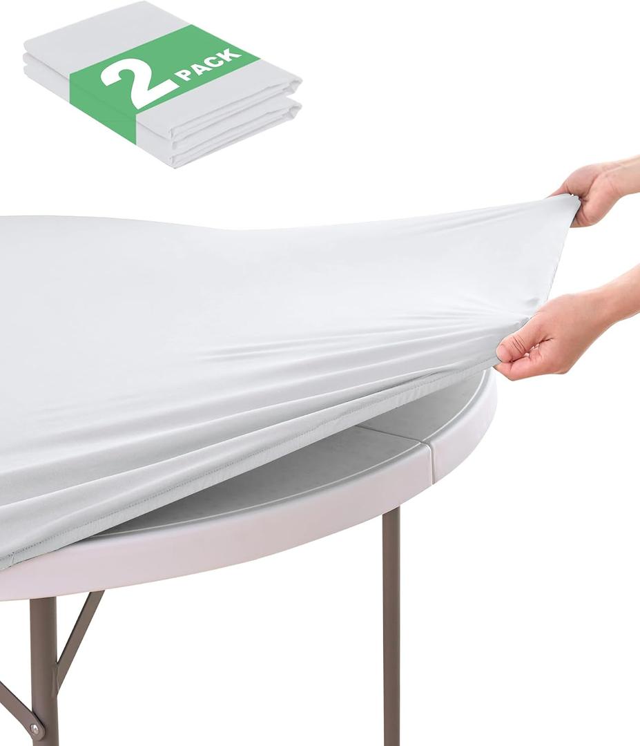 KeyWave Round Fitted Table Covers - 56-60 Inch Spandex Water-Resistant Tablecloth with Elastic, 2 Pack Circle Folding Table Cloths for Party Banquet, White