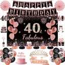 40th Birthday Decorations for Women - Rose Gold 37Pcs All-in-One Party Kit with Banner, Backdrop, Tiara, Sash, Cake Topper, Latex Balloons, Hanging Swirls, Centerpieces