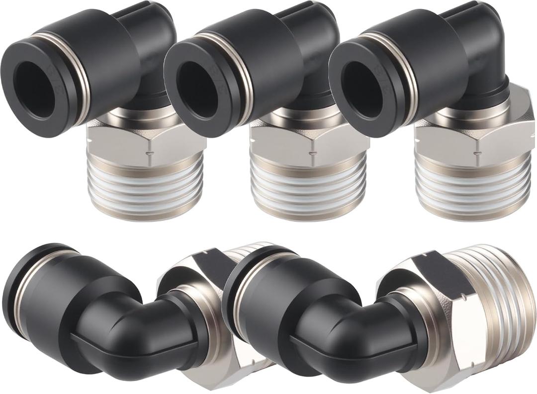 Push to Connect Fittings Elbow 3/8" Tube OD to 1/2 NPT, Nickel-Plated Brass Pneumatic Connectors, Quick Release Air Line Fittings, Leak-Proof and Durable for Industrial Use (Pack of 5)