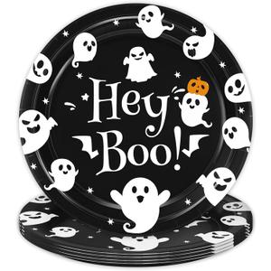 50Pcs Hey Boo! Paper Plates Baby Shower Birthday Halloween theme Party Decorations Happy Booday Party Decorations Black White & Orange