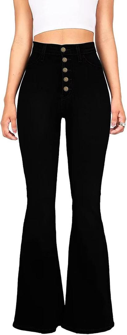 KDF High Waisted Flare Jeans for Women Bell Bottom Jeans with Belt for Women Stretch Wide Leg Jeans (Black, S)