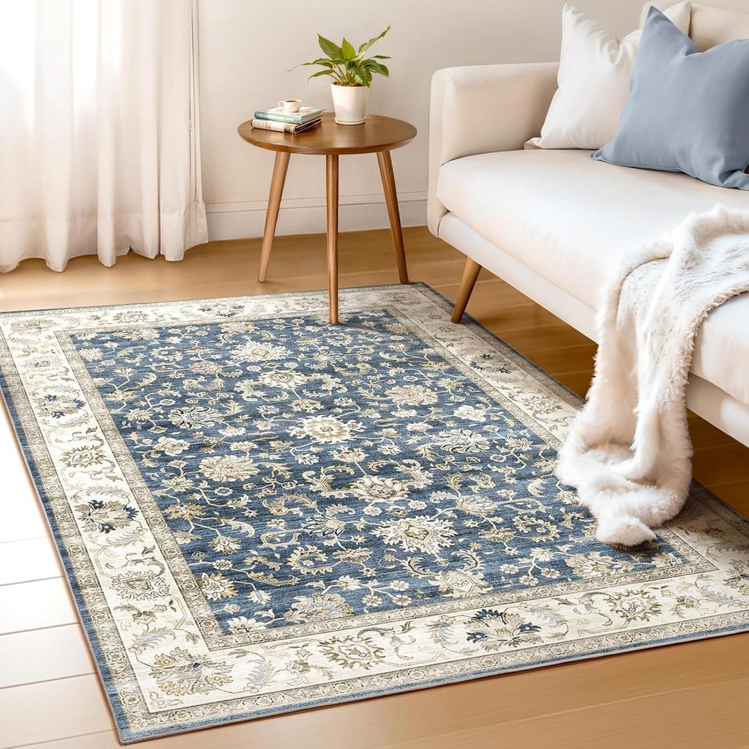WITSHOCK 4x6 Area Rugs for Living Room: Machine Washable Non Slip Vintage Carpet - Low Pile Lightweight Print Rug for Bedroom Dining Room - Stain Resistant for Household - Pet Owners (Blue) (Blue/Cream White/Light Ivory)