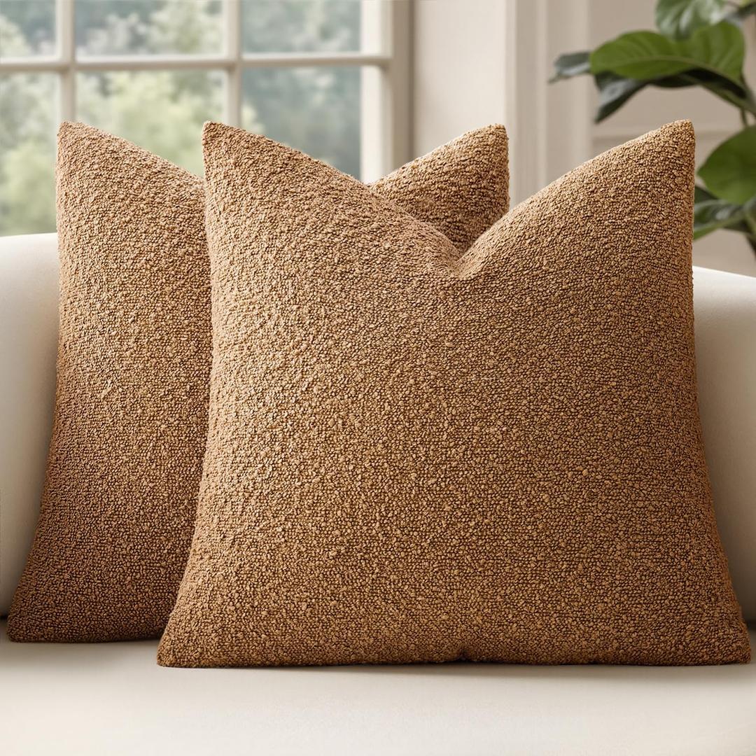 MIULEE 18x18 Inch Decorative Pillow Covers for Couch Bed Set of 2 Textured Boucle Neutral Throw Pillow Covers Brown Tobacco Accent Solid Vintage Pillowcases Sofa Living Room Home Decor