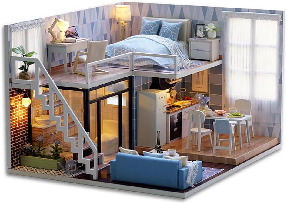 TuKIIE DIY Miniature Dollhouse Kit with Furniture, 1:24 Scale Creative Room Mini Wooden Doll House Accessories Plus Dust Proof & Music Movement for Kids Teens Adults(Blue Times)