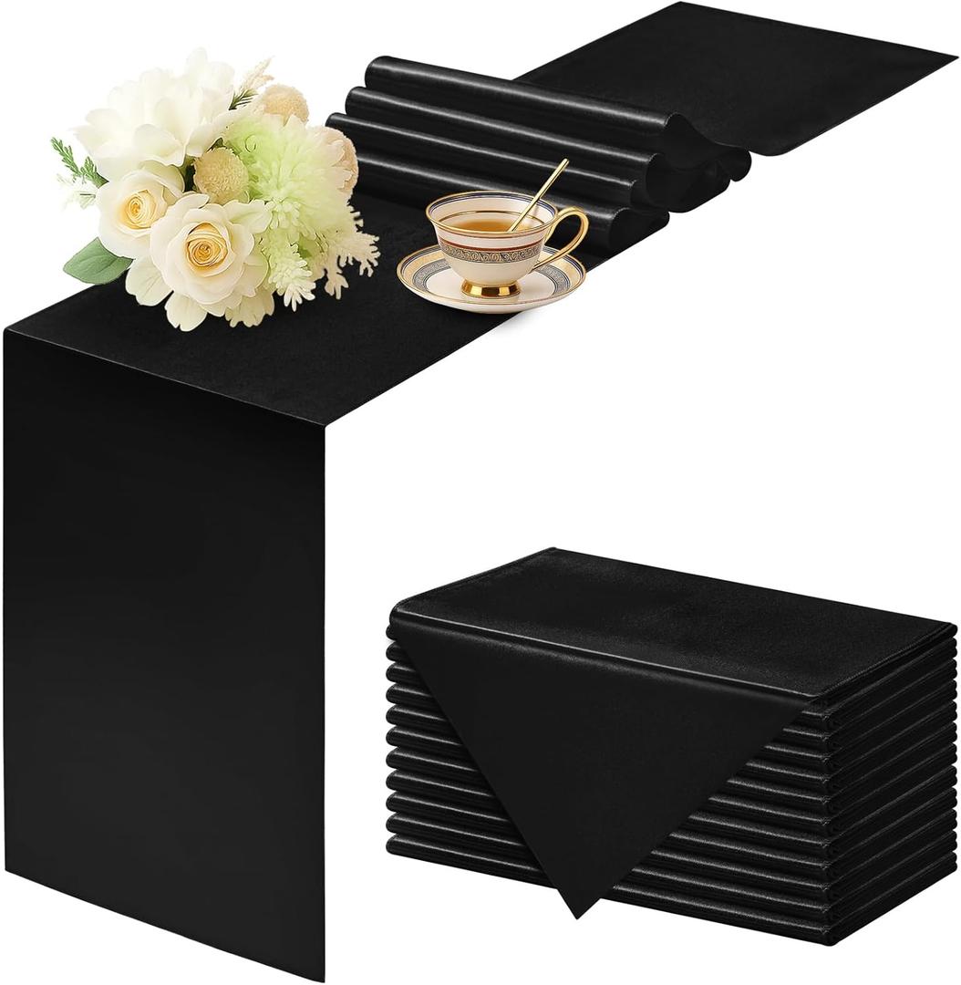 Q&J Fabric Co 12 Packs Satin Black Table Runner Festive Gifts, 12x108 Inches Long, Silk-Like Smooth Satin Table Decor for Christmas Thanksgiving Wedding Birthday Party Banquets Decorations