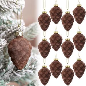 Sosation 12 Pcs Christmas Pinecone Glass Ornaments Christmas Velvet Vintage Hanging Pine Cone Glass Ornaments for Xmas Tree Fall Thanksgiving Day Decoration(Brown)