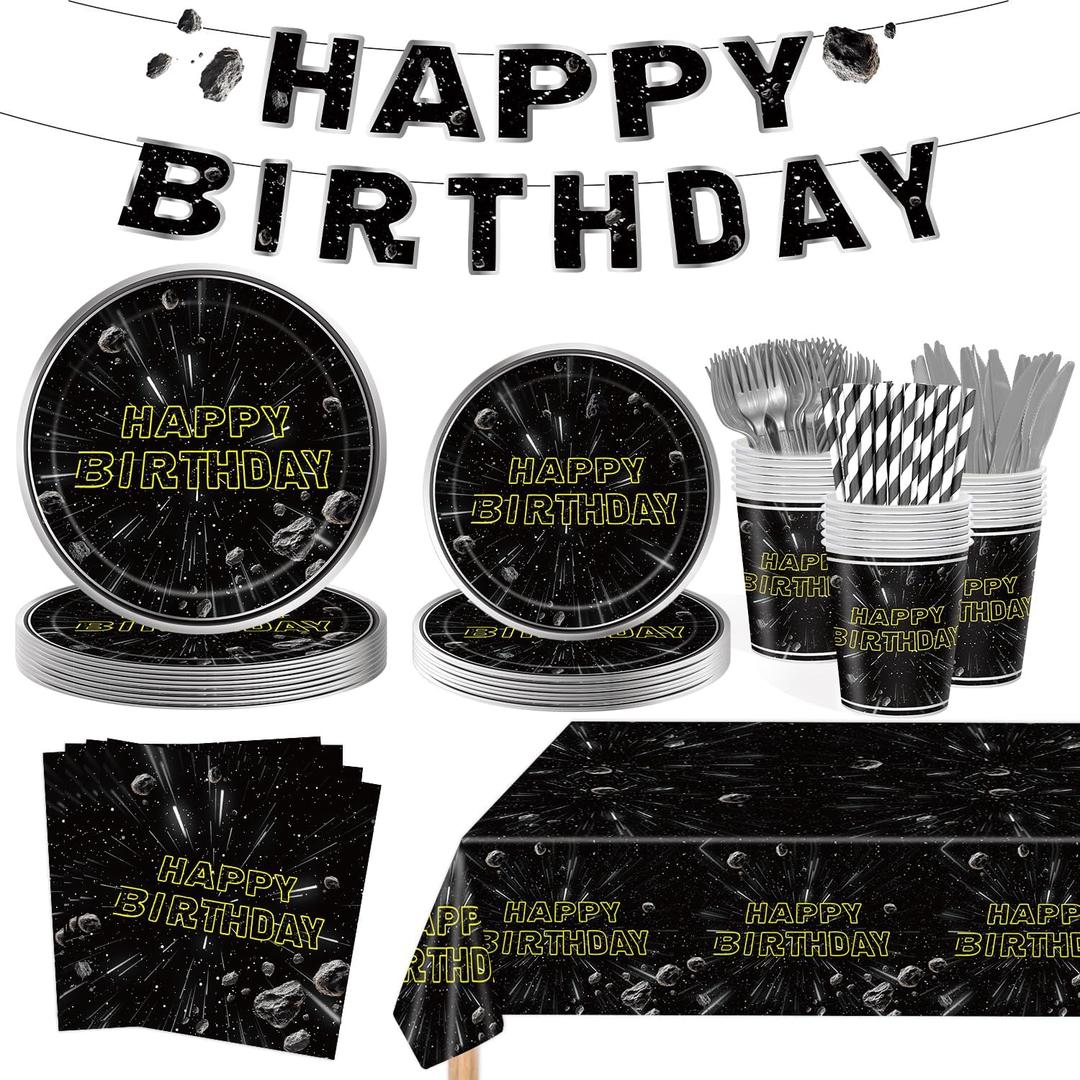 170 PCS Stars Birthday Party Decorations Space Party Pack for 24Guests Included Paper PlatesCupsNapkins Forks Forks Straws Banner Tablecloth Galaxy Universe Birthday Party SuppliesTableware