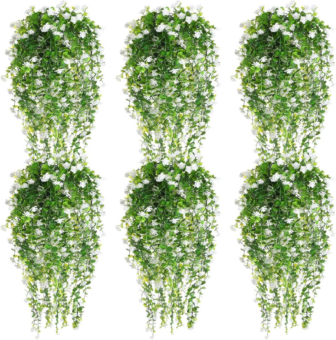 Hotop 6 Pcs Ferns Artificial Hanging Plants Vine Hanging Fake Plants Faux Ferns Indoor Outdoor Ivy Wall Decor Greenery Vine with Flower for Room Wedding Fall Decoration(White)