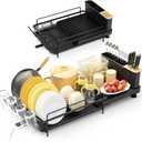 Large Dish Drying Rack, Multifunctional Dish Rack for Kitchen Counter, Expandable Dish Drainers with Drainboard Utensil Holder, Cup Holder, Black