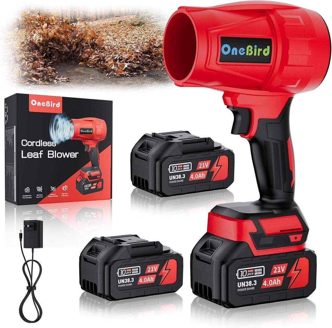 Cordless-Leaf-Blower-Electric Leaf Blower for Lawn Care 560 CFM-Handheld Blower Portable with Battery and Charger with 21V-4.0Ah-2 Batteries, Lightweight Blower for Patio Cleaning dust -Red