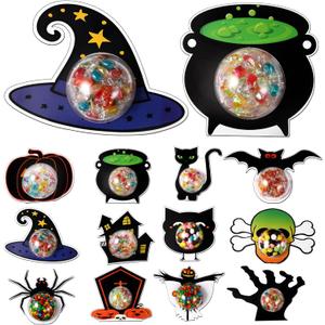 Engrowtic 24 Pcs Halloween Candy Holder Cards with Clear Domes Candy Trick or Treat Boxes Containers DIY Witch Hat Pumpkin Ghost Cards Crafts for Halloween Party Favor Decorations Bags Stuffers