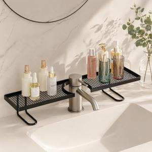 No-Drill Over Sink Organizer Rack, Freestanding Carbon Steel Faucet Storage Caddy, Tool-Free Bathroom Countertop Shelf, Space-Saving Sink Organizer with Quick Drainage (Black)