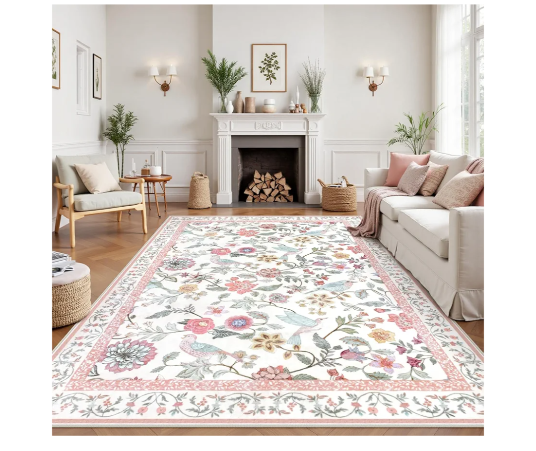 Floral Washable 8x10 Area Rug for Living Room, Soft Pink Large Girls Bedroom Rug, Non-Slip Low Pile Flower Birds Dining Room Rug, Botanical Floor Carpet for Kids Classroom Office