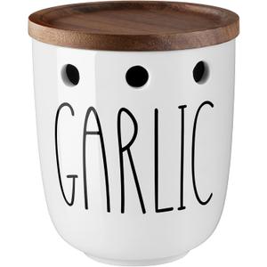 Garlic Keeper for Counter, Ceramic Garlic Keeper with Acacia Wood Lid, Garlic Holder Storage Container to Keep Your Garlic Cloves Fresh Longer, Garlic Saver for Kitchen, White