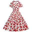 50s Red Cherry Dress Women 1950s Vintage Cocktail Swing Retro Rockabilly Short Sleeve Summer Print Cut Out Tie Back Flare A-Line Audrey Hepburn White Cherry, L