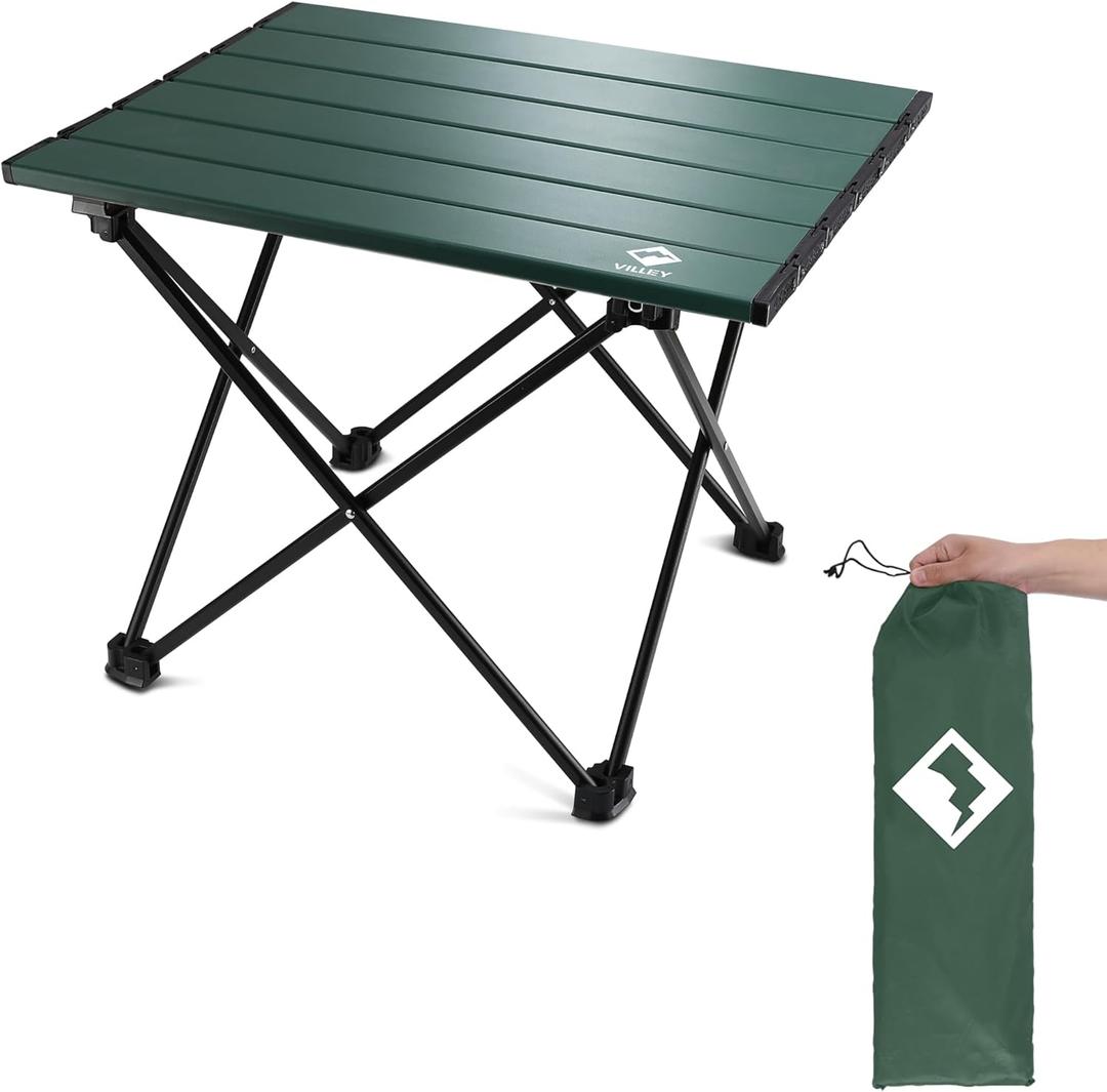 VILLEY Portable Camping Side Table, Ultralight Aluminum Folding Beach Table with Carry Bag for Outdoor Cooking, Picnic, Camp, Boat, Travel (Large 24'', Green)
