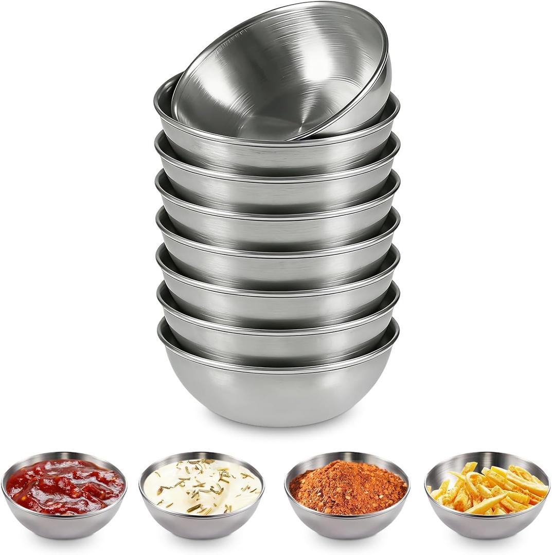 8 Pack 3.5 Inch Stainless Steel Sauce Dishes, Mini Round Dipping Bowls for Seasoning, Sushi, Appetizer Plates & Snack Bowls Serving, 5 fl oz Capacity