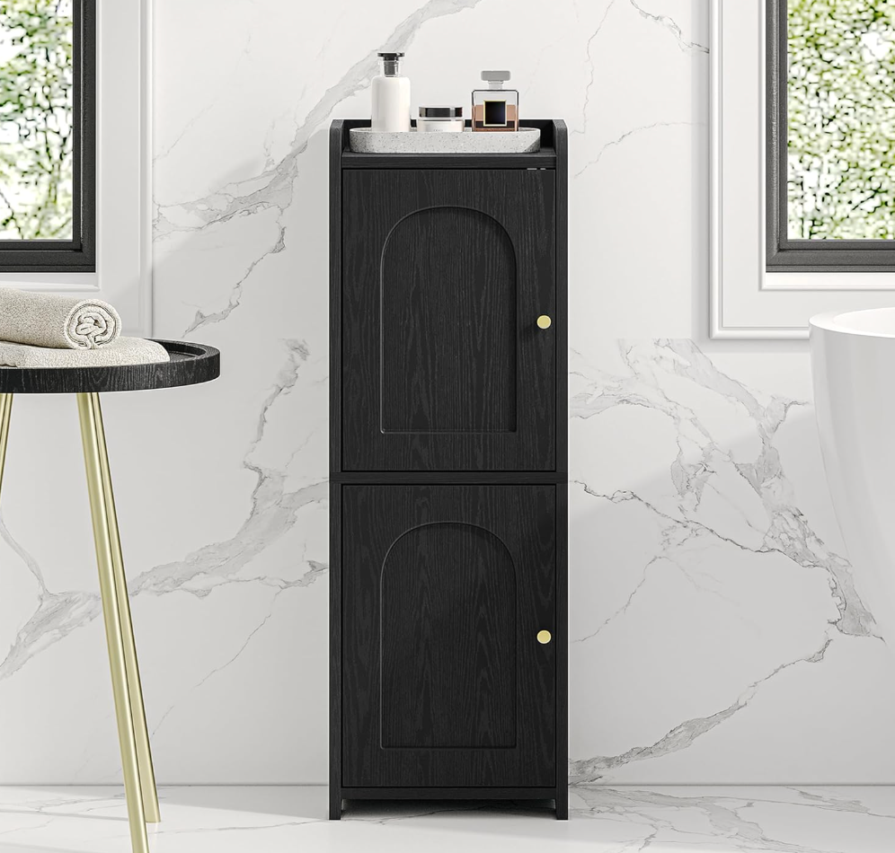 Hzuaneri Bathroom Storage Cabinet, Small Corner Floor Cabinet with 2 Doors and Adjustable Shelf, Narrow Toilet Paper Cabinets, Bathroom Organizer for Small Spaces, 7.9" D x 9.8" W x 29.5" H Black
