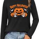 Halloween Shirts for Women Spooky Season Shirt Long Sleeve Ghost Pumpkin Graphic Tee Gothic Clothes (Large, Black)