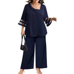 AOVDE Plus Size Pant Suits 2 Piece Casual Dressy Pantsuits Mesh Panel Bell Sleeve Outfits for Women Evening Dinner Party (Blue)
