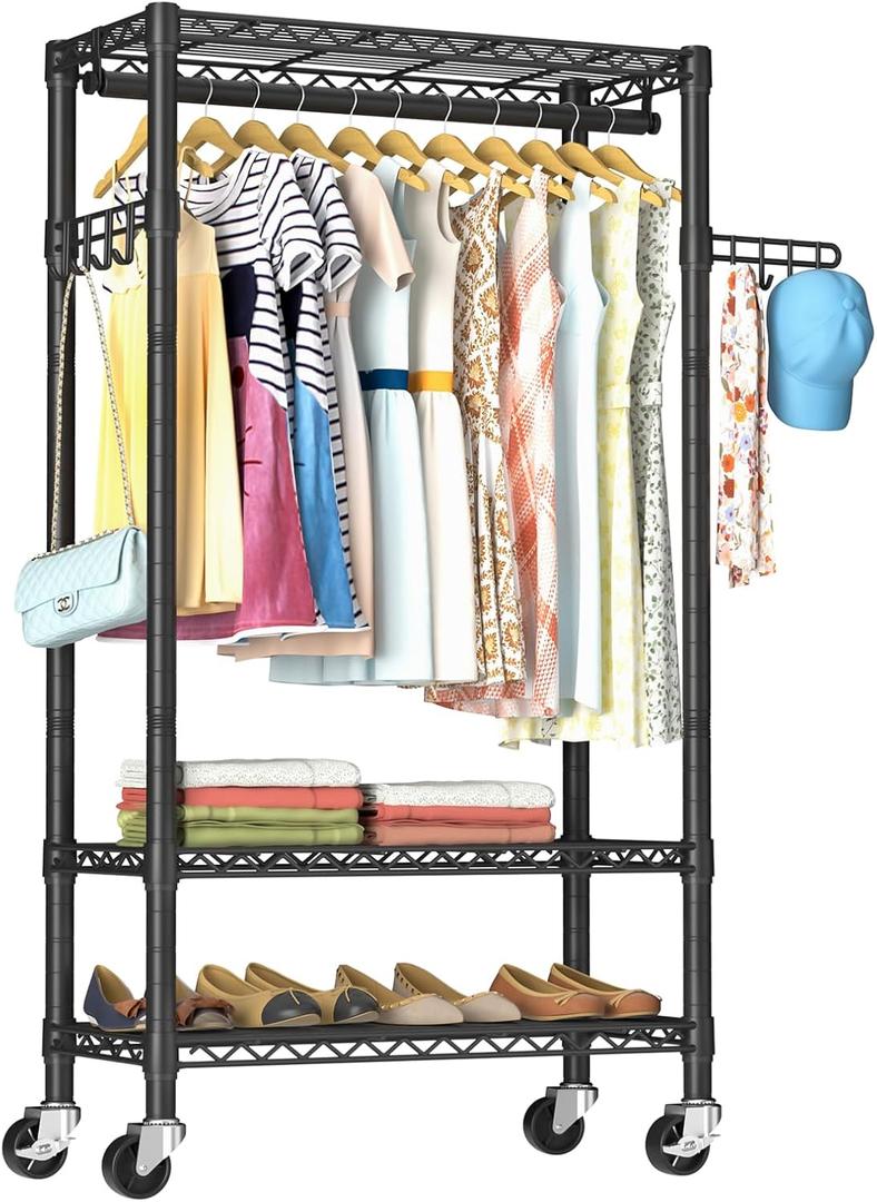 Heavy Duty Clothes Rack Rolling Garment Rack,3 Tier Adjustable Wire Shelving Clothing Racks for Hanging Clothes with Hanger Rod&Side Hooks,Freestanding Wardrobe Storage Rack Metal Portable Closet (3-Tier with 1 Rod(15.75"D x 23.5"W x 72.45"H), Black,Medium-Single Rod)