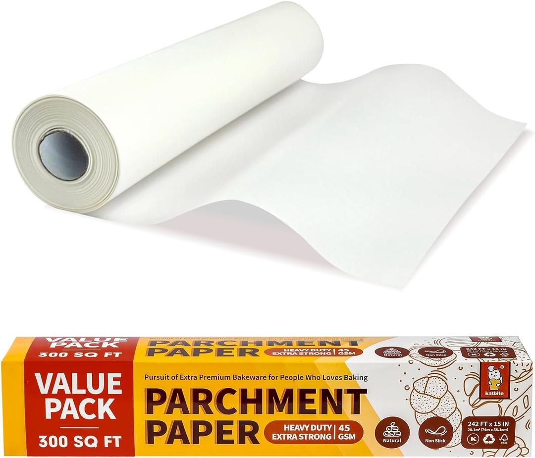 Katbite 15in x 242ft, 300 Sq.Ft Value Pack Parchment Paper Roll for Baking, Parchment Baking Paper with Serrated Cutter, Heavy Duty & Value Pack Roll for Cooking, Air Fryer, Steaming, Bread (White)