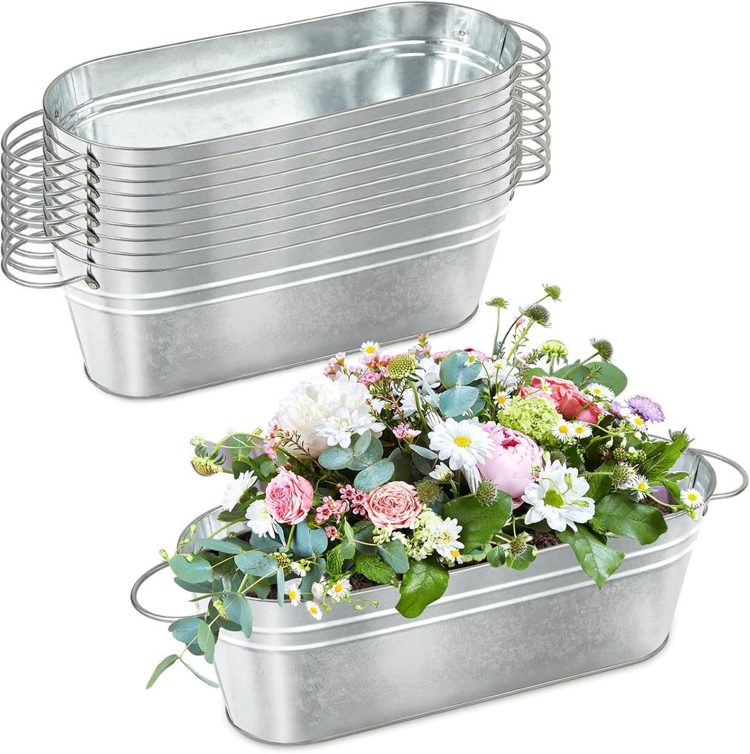 10 Pcs Galvanized Oval Planters, Galvanized Bucket Planter with Handle, Oval Metal Pails for Rustic Farmhouse Home Decor, Outdoor Party, Weddings, Gift and Storage Box