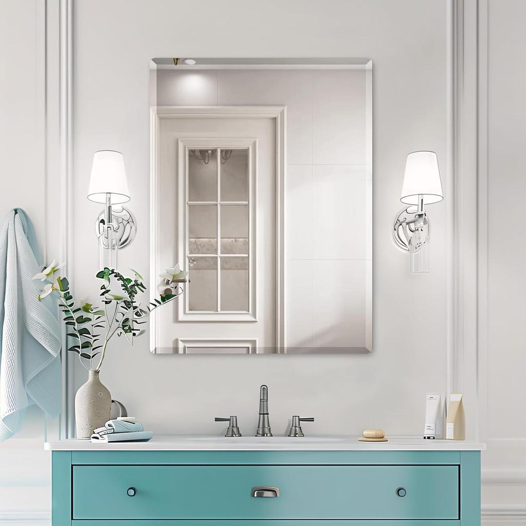 Mirrorons Beveled Mirror, Wall Mirror 24" x 32", Frameless Rectangle Bathroom Mirror with Beveled Edge, Hangs Horizontally or Vertically. Rounded Corner Tempered